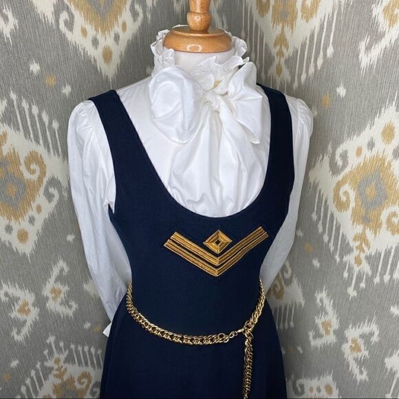 Ralph Lauren Navy & Gold Merino Knit Military Inspired Fit & Flare Tank Dress